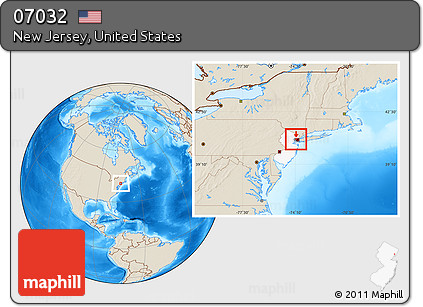 Shaded Relief Location Map of ZIP Code 07032, highlighted county, highlighted state