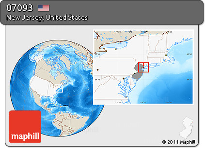 Shaded Relief Location Map of ZIP Code 07093, highlighted country, highlighted state