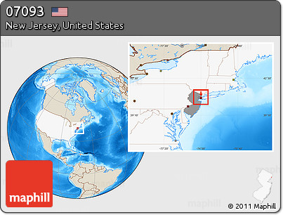 Shaded Relief Location Map of ZIP Code 07093, highlighted country, highlighted state