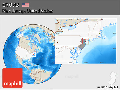 Shaded Relief Location Map of ZIP Code 07093, highlighted country, highlighted state
