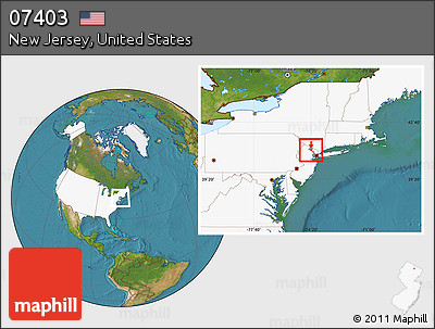 Satellite Location Map of ZIP Code 07403, highlighted country, highlighted county