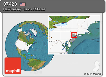 Satellite Location Map of ZIP Code 07420, highlighted country, highlighted state