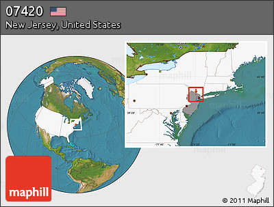 Satellite Location Map of ZIP Code 07420, highlighted country, highlighted state