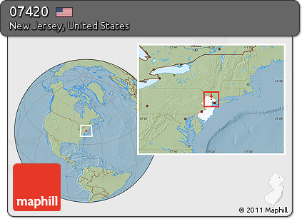 Savanna Style Location Map of ZIP Code 07420, highlighted state, hill shading