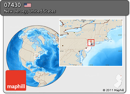 Shaded Relief Location Map of ZIP Code 07430, highlighted county, highlighted state