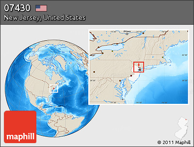 Shaded Relief Location Map of ZIP Code 07430, highlighted county, highlighted state