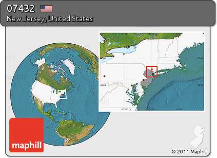 Satellite Location Map of ZIP Code 07432, highlighted country, highlighted state