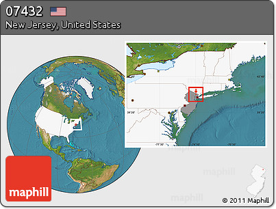 Satellite Location Map of ZIP Code 07432, highlighted country, highlighted state