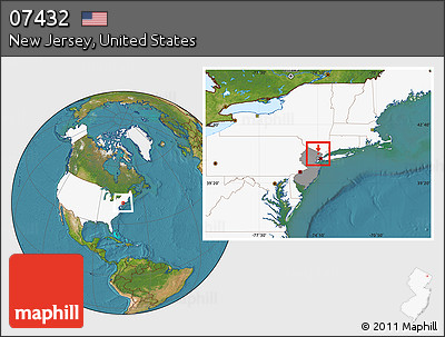 Satellite Location Map of ZIP Code 07432, highlighted country, highlighted state
