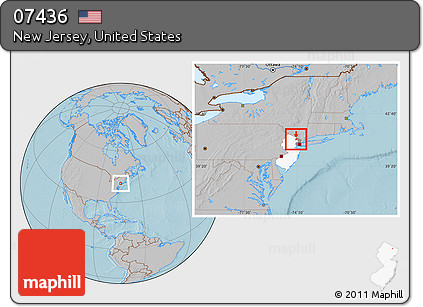 Gray Location Map of ZIP Code 07436, highlighted county, highlighted state, hill shading