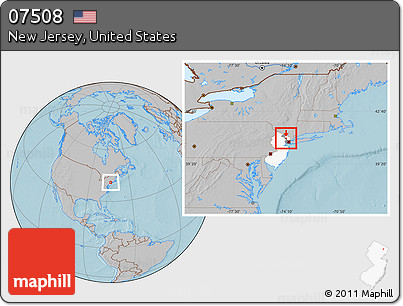 Gray Location Map of ZIP Code 07508, highlighted county, highlighted state, hill shading
