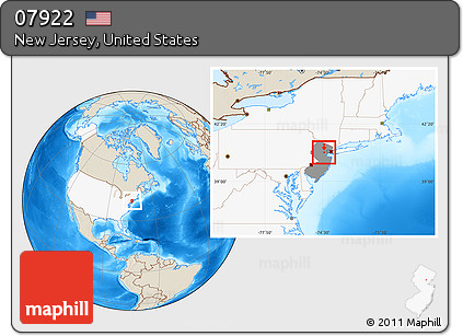 Shaded Relief Location Map of ZIP Code 07922, highlighted country, highlighted state