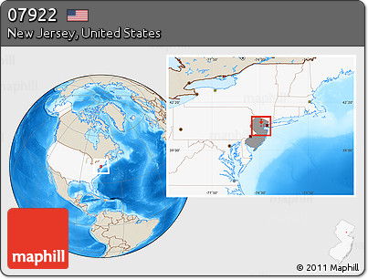 Shaded Relief Location Map of ZIP Code 07922, highlighted country, highlighted state
