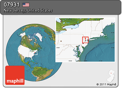 Satellite Location Map of ZIP Code 07931, highlighted country, highlighted county