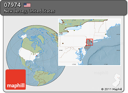 Savanna Style Location Map of ZIP Code 07974, highlighted country, highlighted state, hill shading