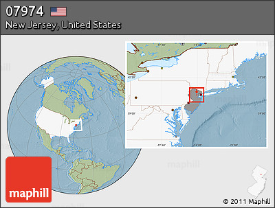 Savanna Style Location Map of ZIP Code 07974, highlighted country, highlighted state, hill shading