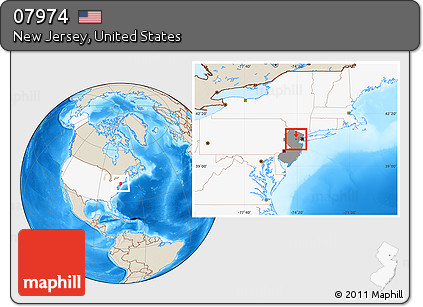 Shaded Relief Location Map of ZIP Code 07974, highlighted country, highlighted state