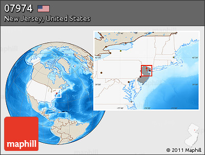 Shaded Relief Location Map of ZIP Code 07974, highlighted country, highlighted state