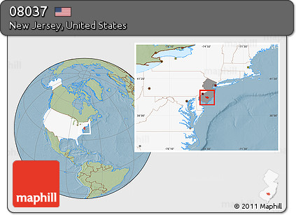 Savanna Style Location Map of ZIP Code 08037, highlighted country, highlighted state, hill shading