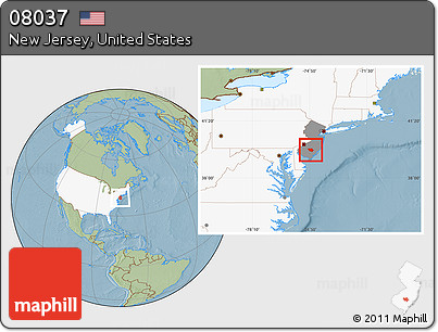Savanna Style Location Map of ZIP Code 08037, highlighted country, highlighted state, hill shading