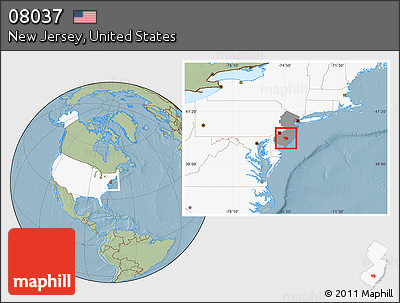 Savanna Style Location Map of ZIP Code 08037, highlighted country, highlighted state, hill shading