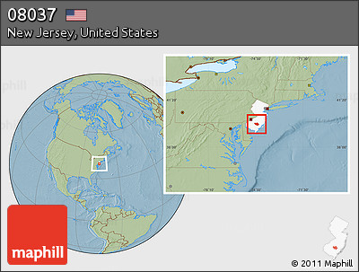 Savanna Style Location Map of ZIP Code 08037, highlighted state, hill shading