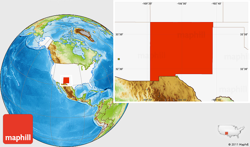 Physical Location Map of New Mexico, highlighted country