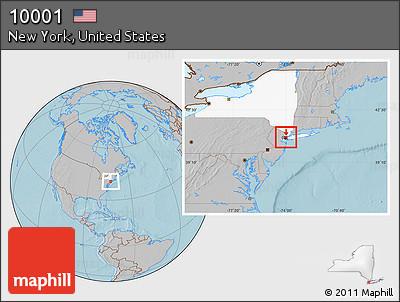 Gray Location Map of ZIP Code 10001, highlighted state, hill shading