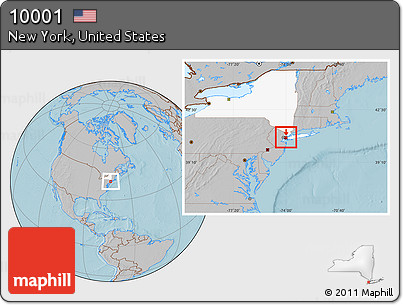 Gray Location Map of ZIP Code 10001, highlighted state, hill shading