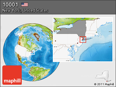 Physical Location Map of ZIP Code 10001, highlighted country, highlighted state