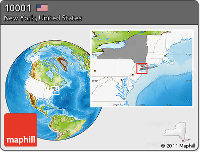 Physical Location Map of ZIP Code 10001, highlighted country, highlighted state