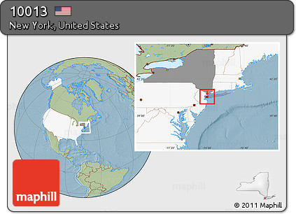 Savanna Style Location Map of ZIP Code 10013, highlighted country, highlighted state, hill shading