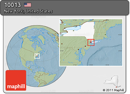 Savanna Style Location Map of ZIP Code 10013, highlighted state, hill shading