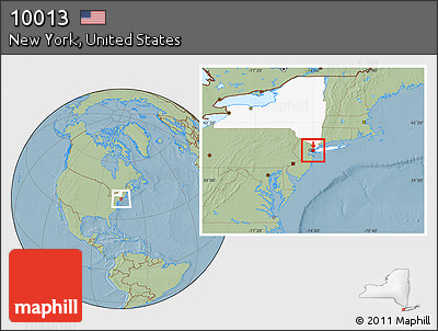 Savanna Style Location Map of ZIP Code 10013, highlighted state, hill shading