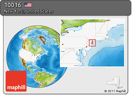 Physical Location Map of ZIP Code 10016, highlighted country, highlighted county