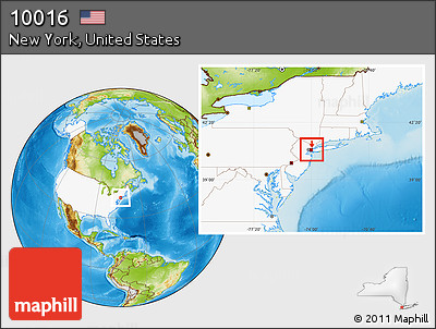 Physical Location Map of ZIP Code 10016, highlighted country, highlighted county