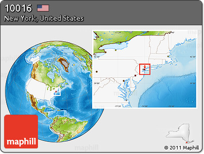 Physical Location Map of ZIP Code 10016, highlighted country, highlighted county