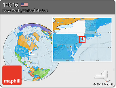 Political Location Map of ZIP Code 10016, highlighted county, highlighted state