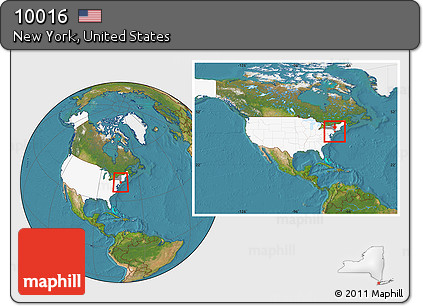 Satellite Location Map of ZIP Code 10016, highlighted country, highlighted state, within the entire country