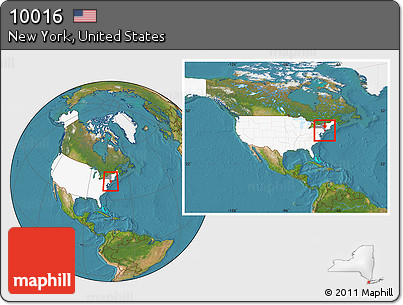 Satellite Location Map of ZIP Code 10016, highlighted country, highlighted state, within the entire country