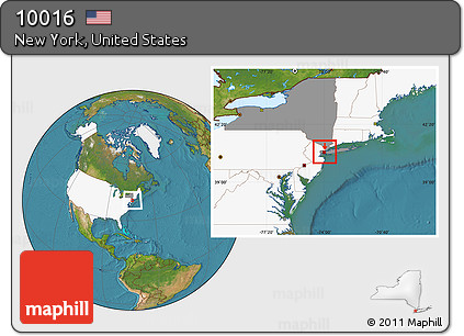 Satellite Location Map of ZIP Code 10016, highlighted country, highlighted state