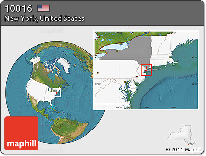 Satellite Location Map of ZIP Code 10016, highlighted country, highlighted state