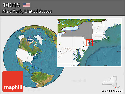 Satellite Location Map of ZIP Code 10016, highlighted country, highlighted state