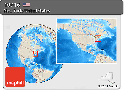 Shaded Relief Location Map of ZIP Code 10016, within the entire country