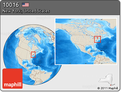 Shaded Relief Location Map of ZIP Code 10016, within the entire country