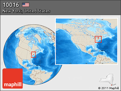 Shaded Relief Location Map of ZIP Code 10016, within the entire country