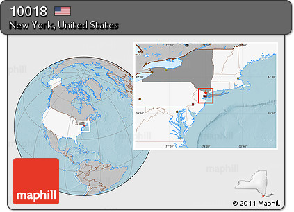Gray Location Map of ZIP Code 10018, highlighted country, highlighted state, hill shading