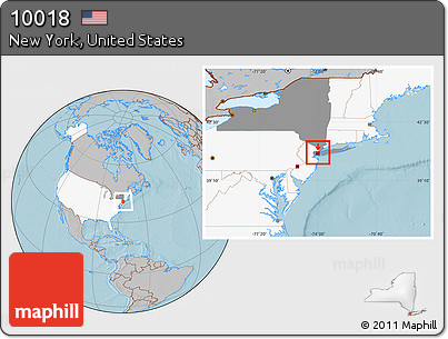 Gray Location Map of ZIP Code 10018, highlighted country, highlighted state, hill shading