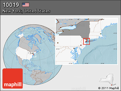 Gray Location Map of ZIP Code 10019, highlighted country, highlighted state, hill shading