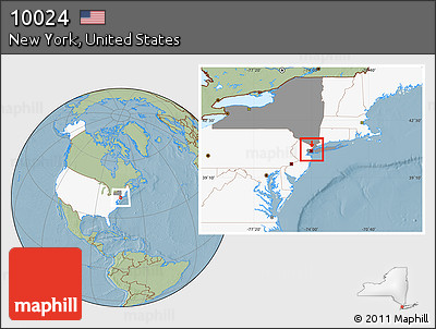 Savanna Style Location Map of ZIP Code 10024, highlighted country, highlighted state, hill shading